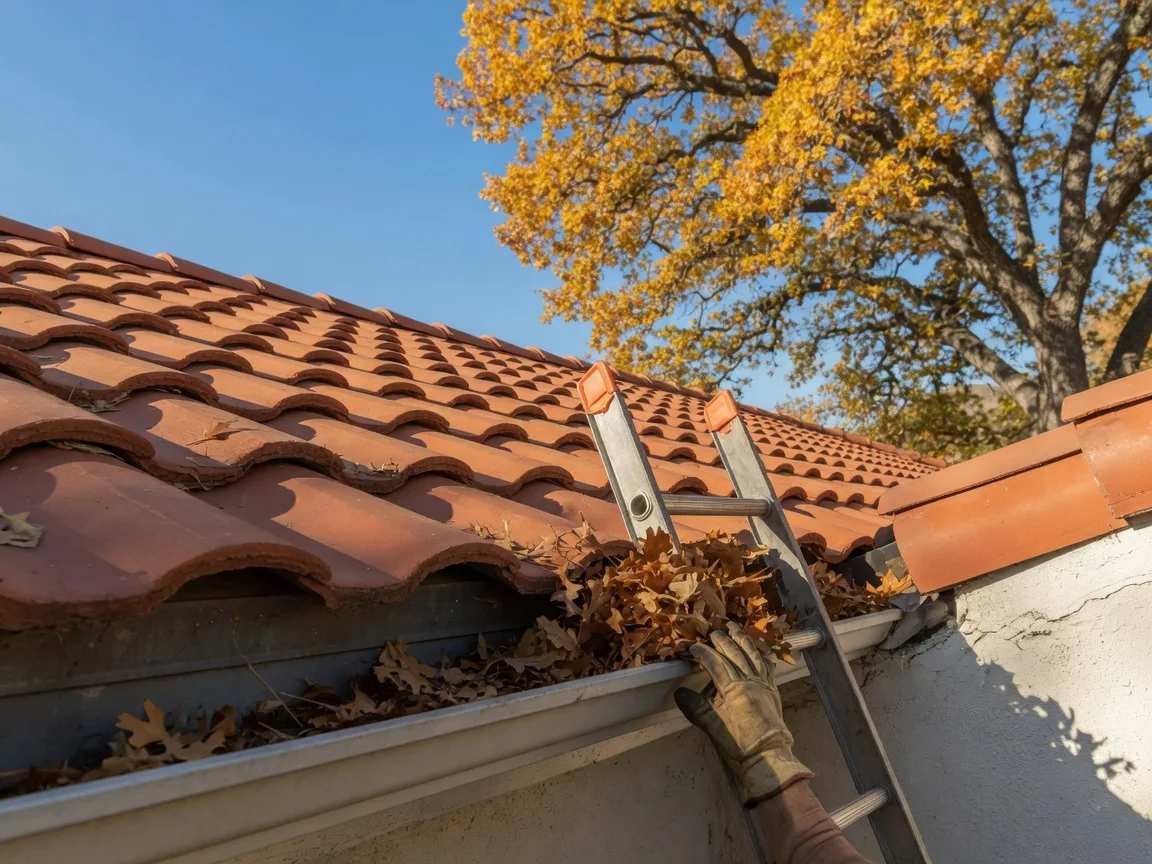 A gloved hand clearing dry oak leaves from a rain gutter along the roofline of a Central Valley home on a clear October afternoon, with a metal ladder, terracotta roof tiles, and a golden valley oak nearby