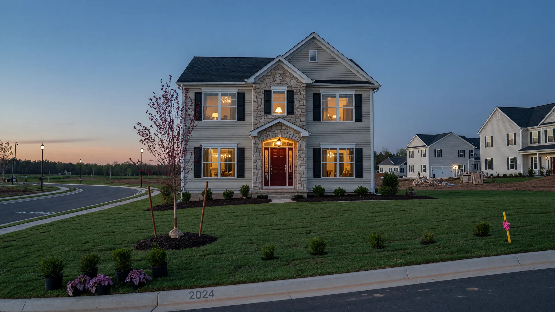 New construction home in Virginia at dusk with warm lights glowing, the choice between building now or waiting for lower mortgage rates