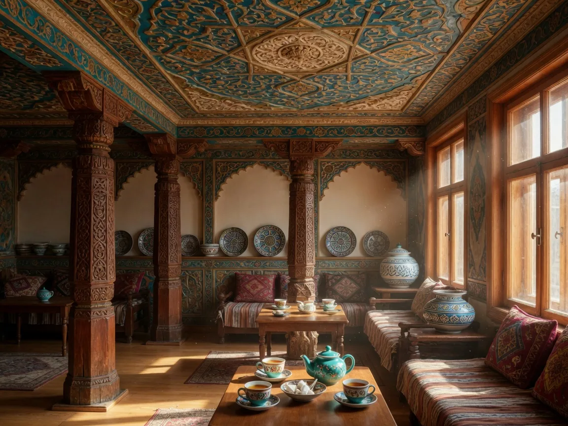Interior of Boulder Dushanbe Teahouse showing hand-carved columns and ornate painted ceiling