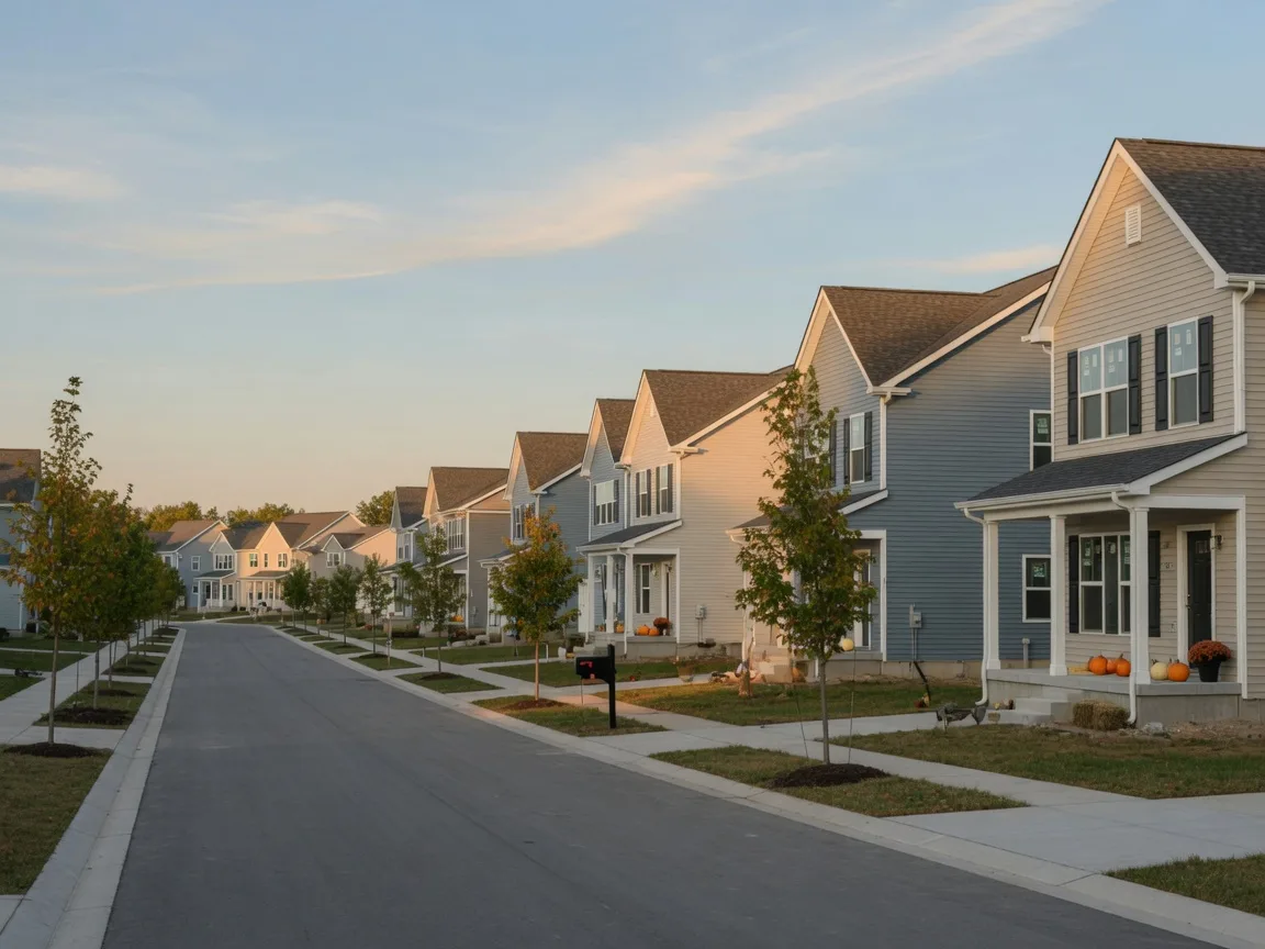 Newly built homes in a master-planned community near Whitestown Indiana with young trees turning autumn colors in late-afternoon light
