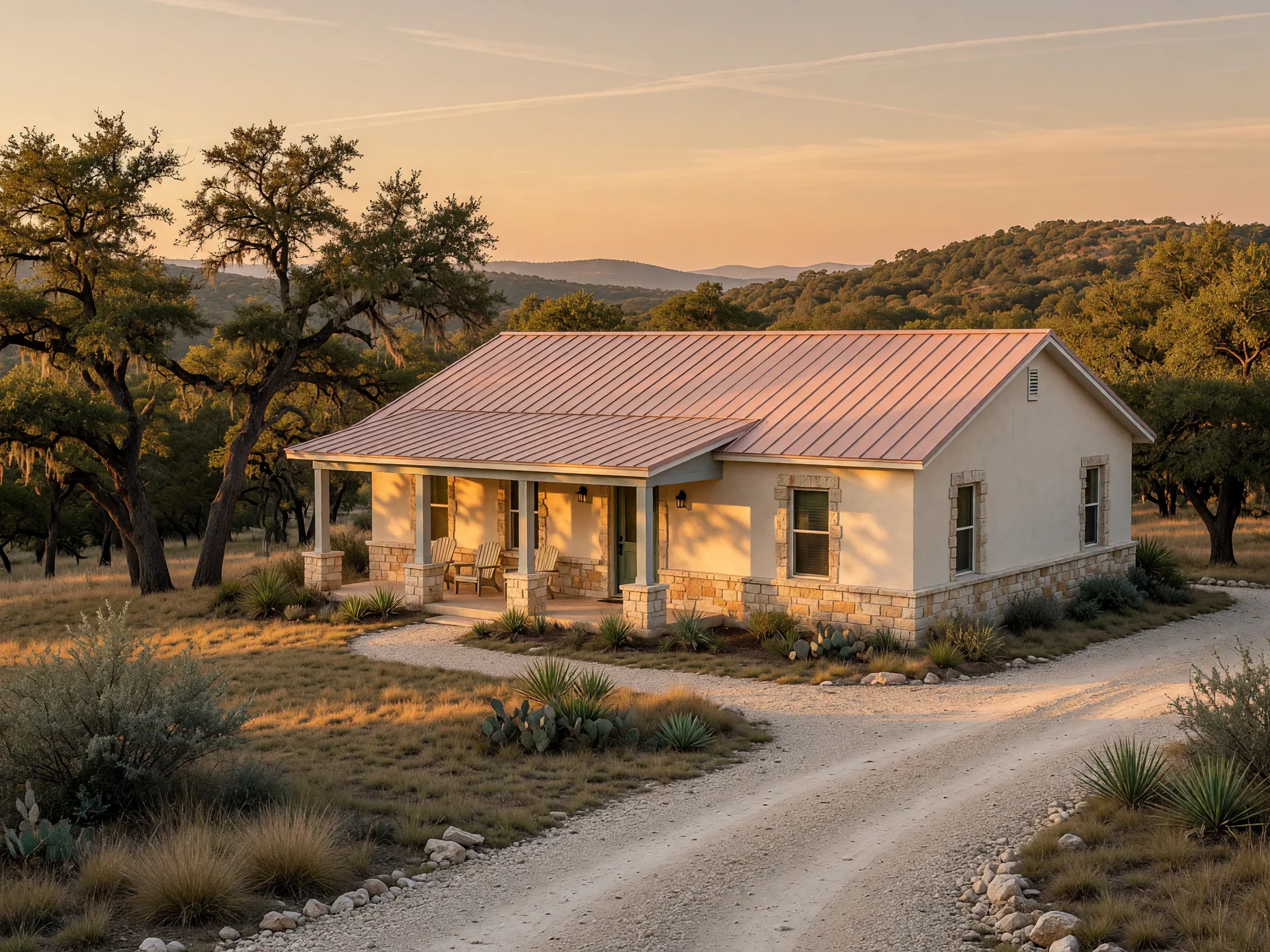 A single-story limestone and stucco downsizer home in the Texas Hill Country at golden hour with a low-maintenance native-plant yard and live oaks