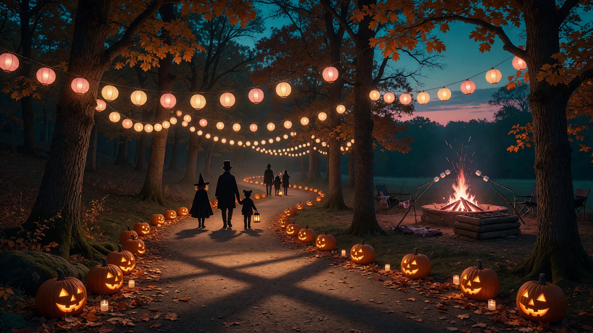 A winding forest path lit with glowing lanterns and small carved pumpkins on a twilight costume hike