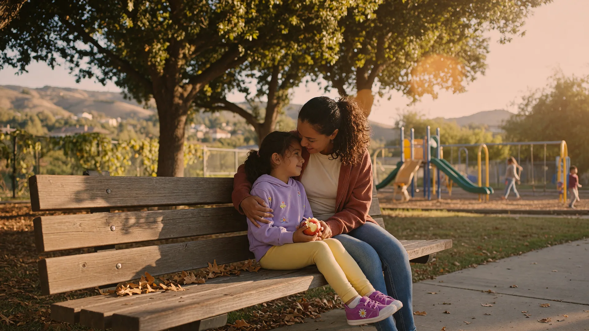 A single mother and child sharing a quiet moment on a park bench in Santa Clarita Valley