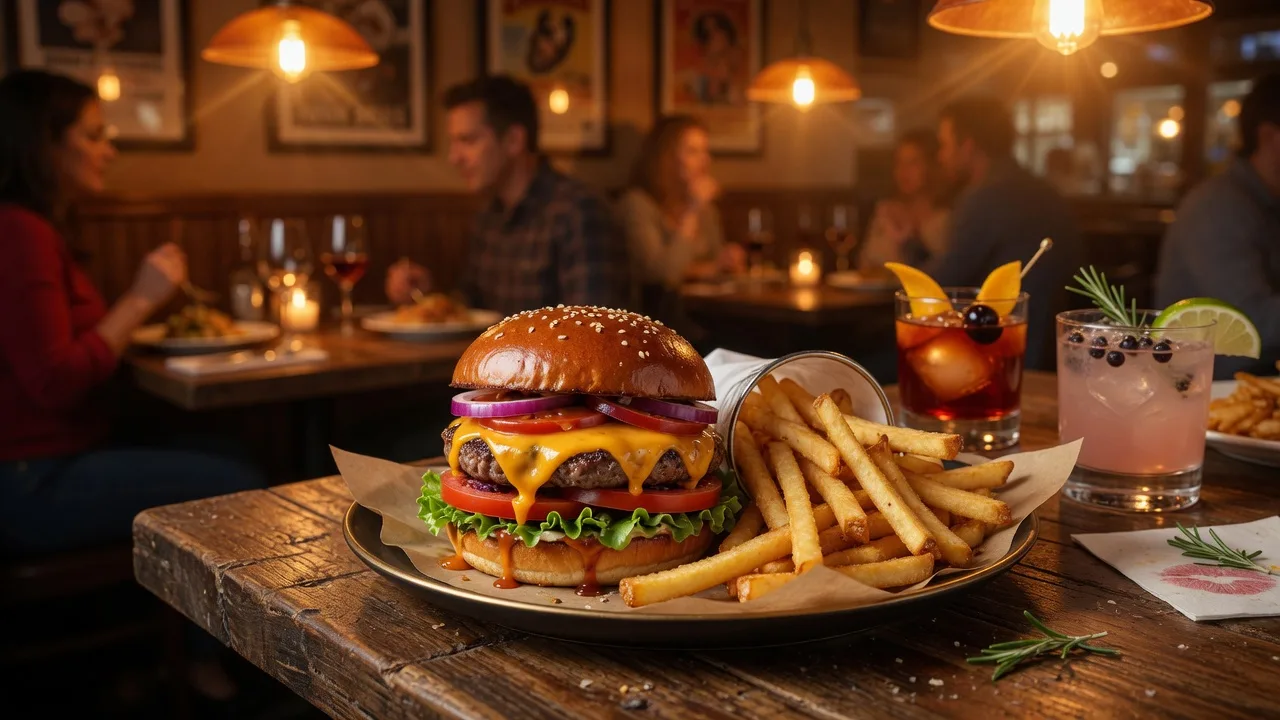 Gourmet burger and fries at a Cherry Hill restaurant