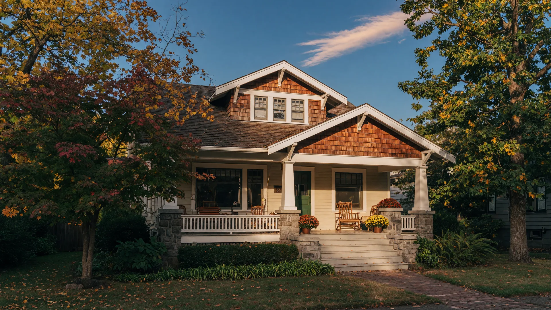A classic Pacific Northwest craftsman bungalow with cedar shingles in early-autumn golden light, maples beginning to turn
