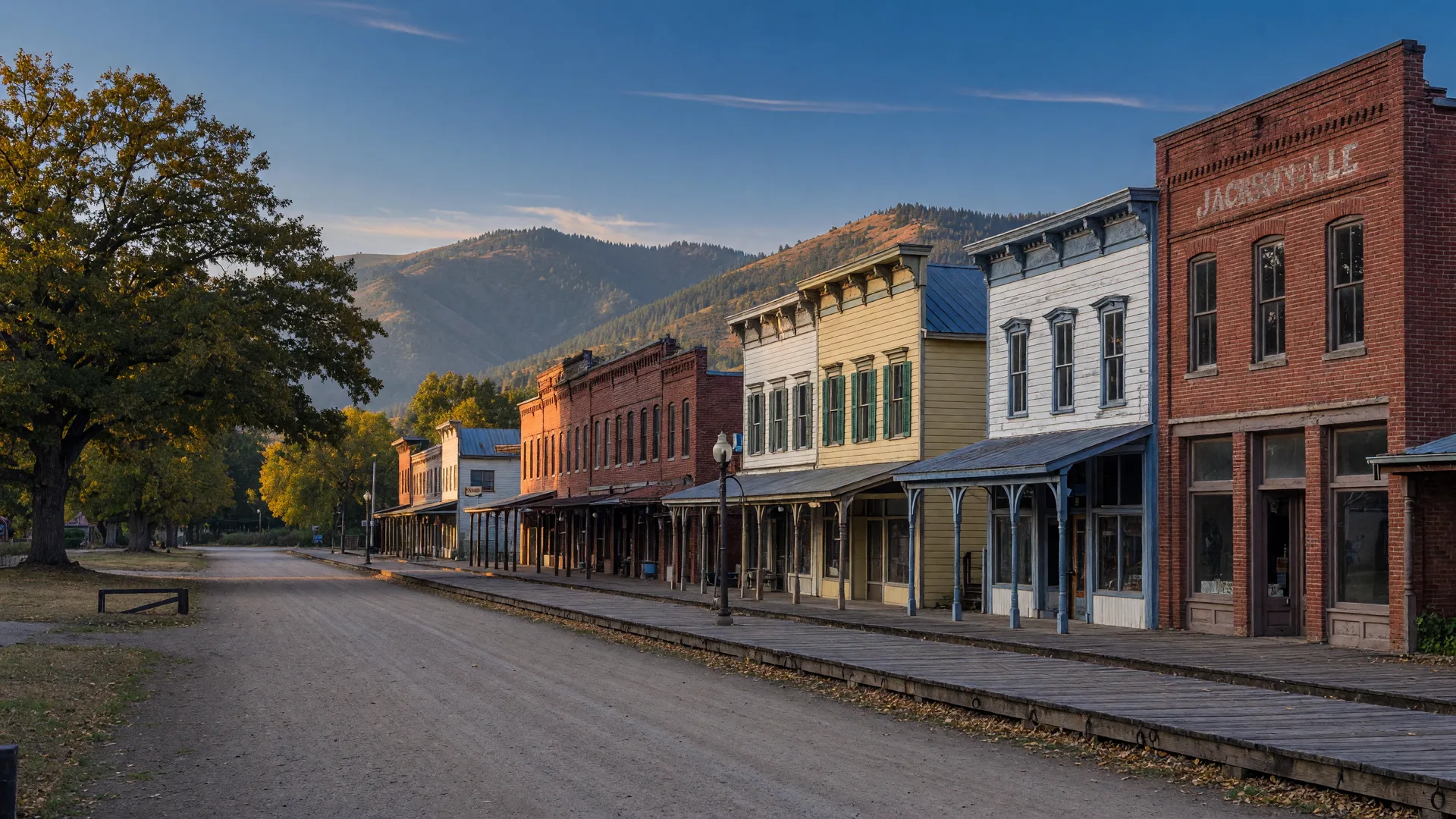Historic Jacksonville, Oregon main street with Gold Rush-era brick and wooden storefronts, autumn oak trees, and the Siskiyou foothills behind the roofline