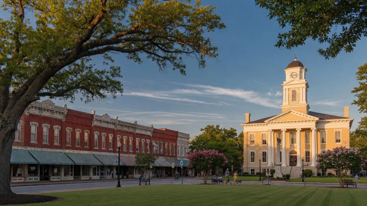 Historic downtown Newnan Georgia courthouse square with Victorian storefronts and tree-lined streets
