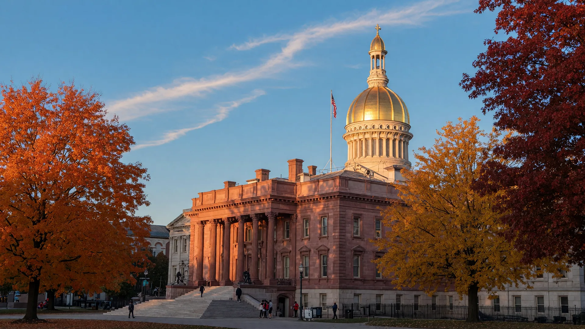 The New Jersey State House in Trenton with its gold dome and red sandstone facade framed by autumn trees on a late-September morning