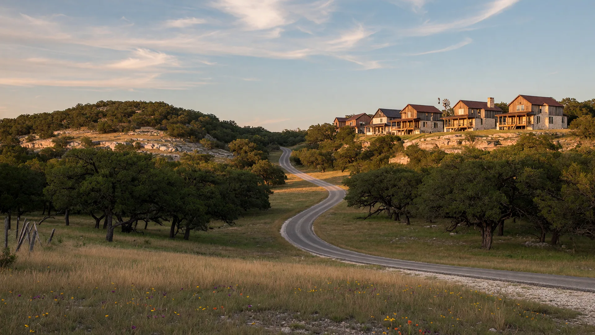 Rolling live oak hills in the Texas Hill Country near Boerne, with Hill Country-style homes on a distant ridge in warm afternoon light
