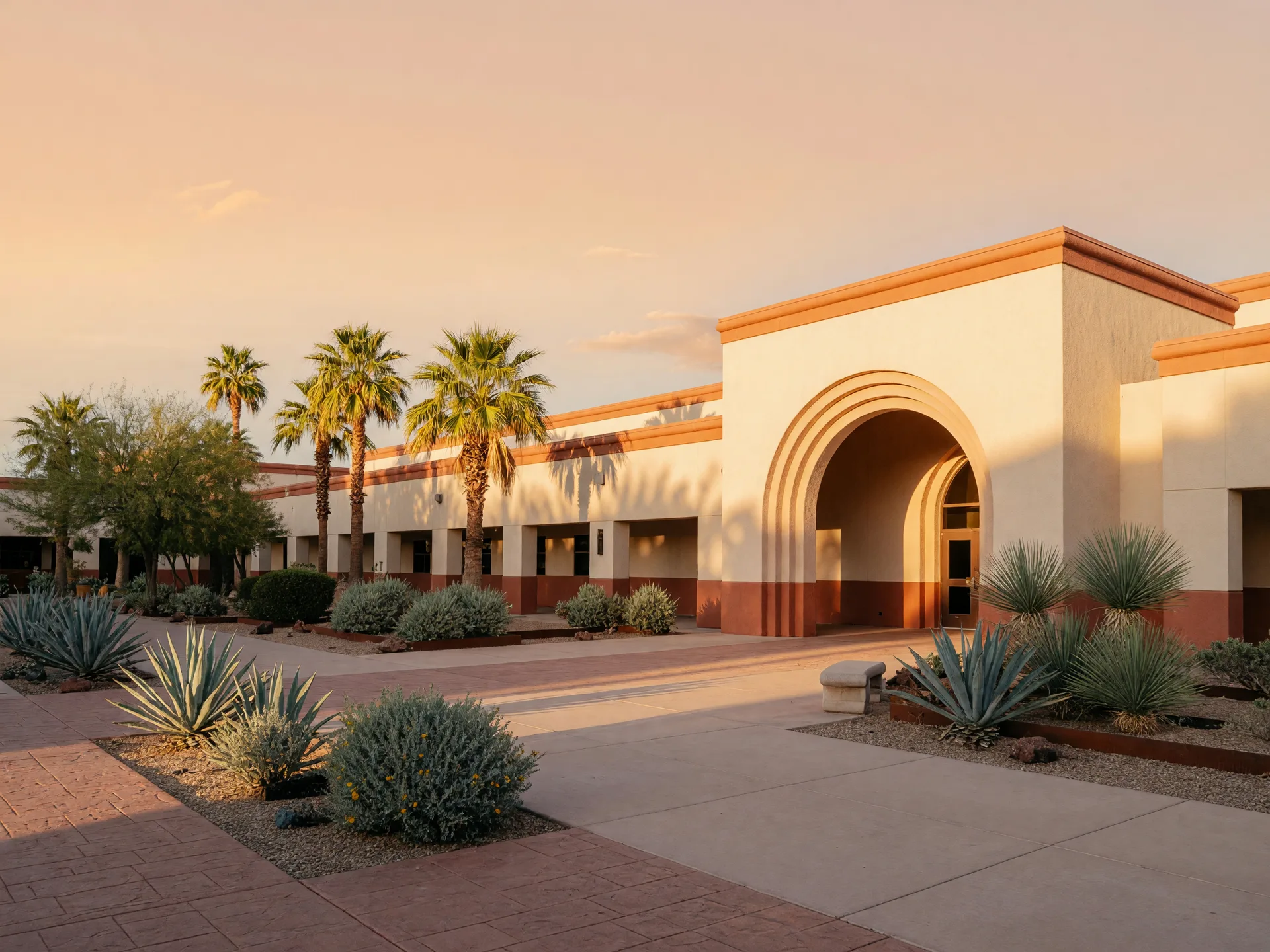 Modern southwestern school building with an arched entry and palm-lined courtyard