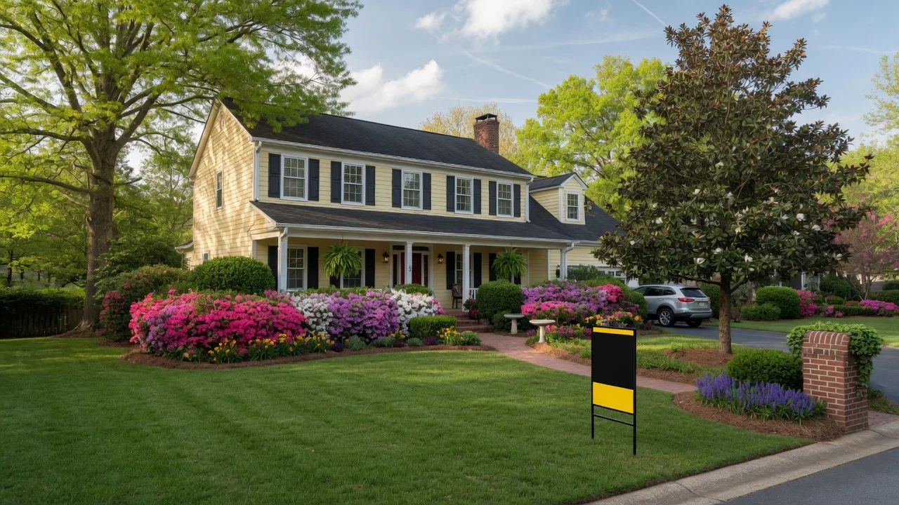 A suburban home in Metro Atlanta with a Sold sign in the front yard on a sunny spring morning with blooming azaleas