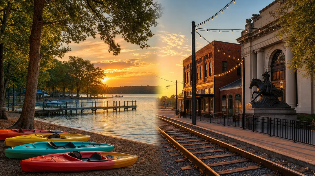 Split scene: Lake Acworth's tranquil shoreline at golden hour on the left and Cartersville's historic downtown with the Booth Western Art Museum on the right