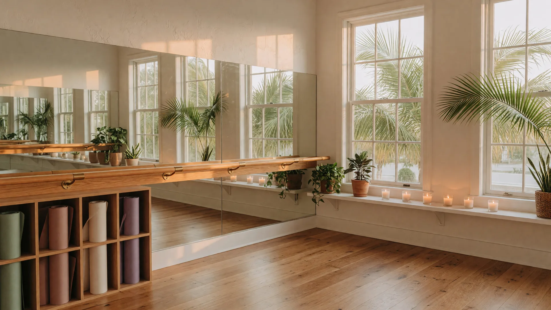 Bright boutique yoga and barre studio interior in Old Naples, Florida with white walls, oak floors, a ballet barre along a mirror wall, rolled mats, and morning light through tall windows