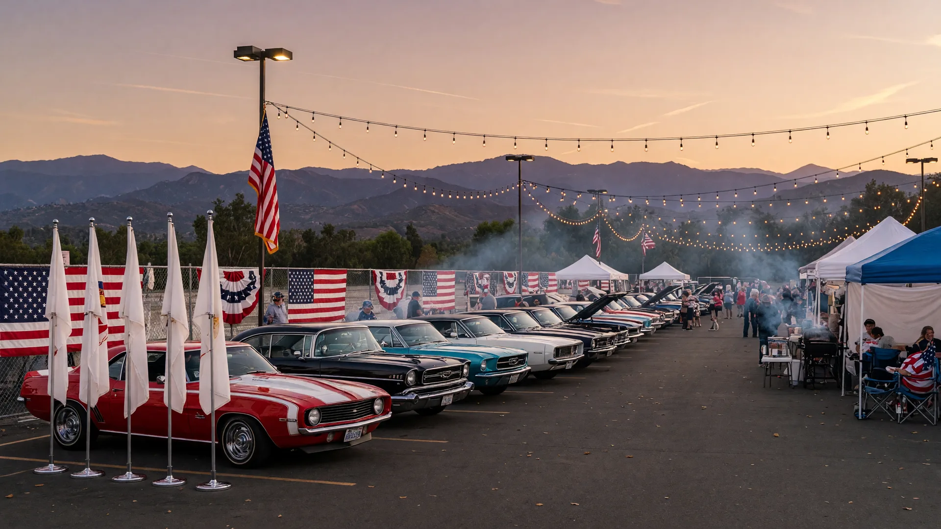 Classic cars lined up with American flags at a golden-hour Patriot Day car show in Santa Clarita