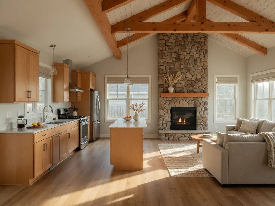 A Silverbrook great room with maple kitchen cabinets, quartz counters, a stone-surround gas fireplace, and a vaulted ceiling
