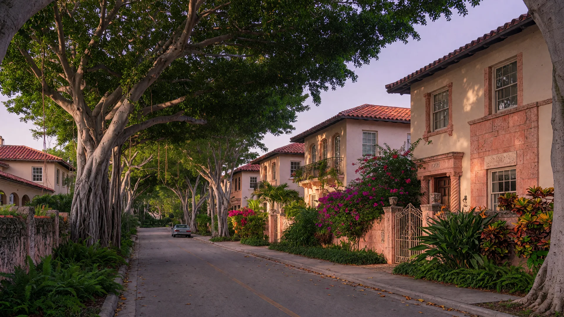 A Coral Gables residential street at late afternoon, mature banyan trees shading Mediterranean Revival homes with clay tile roofs