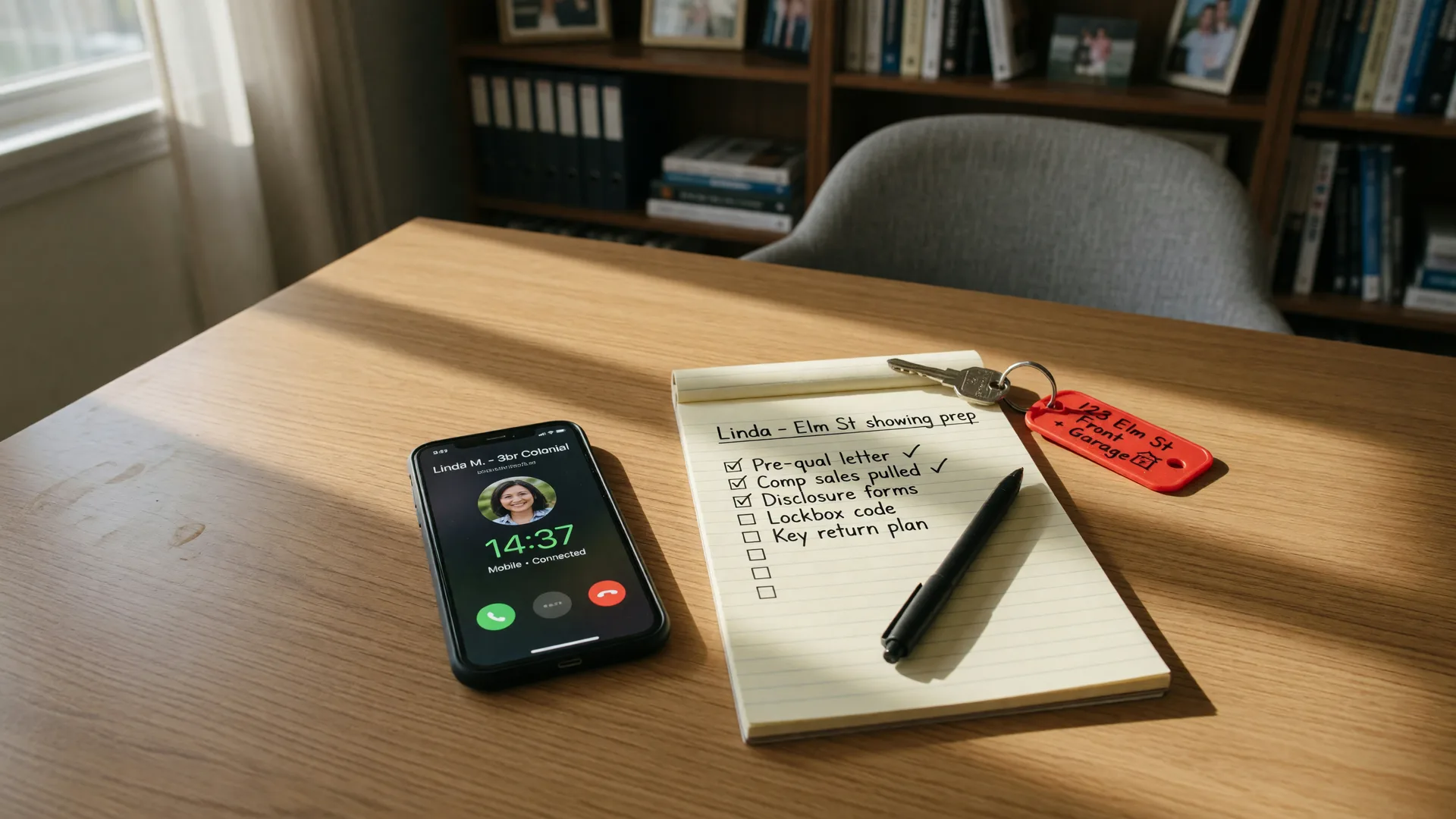 Real estate agent's desk with a smartphone on a call, a checklist notepad, a pen, and a house key in warm window light