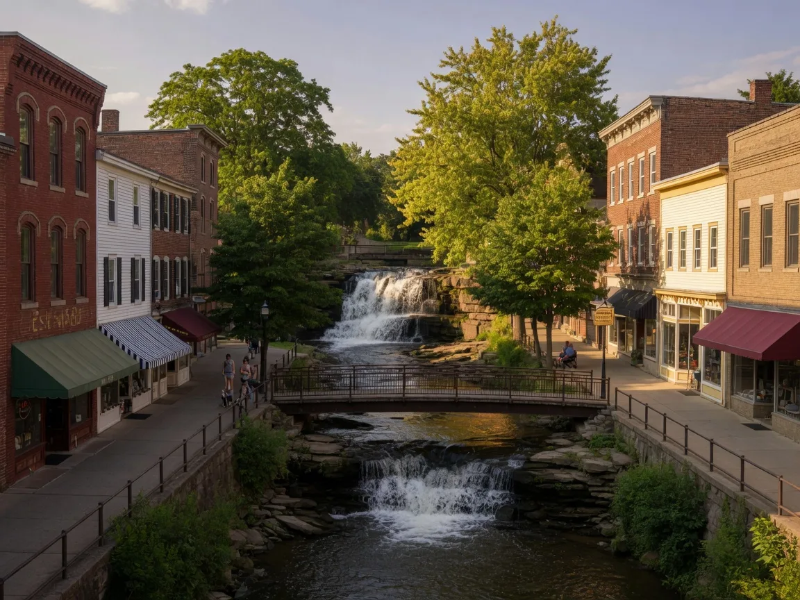 Chagrin Falls downtown with the waterfall at its center and historic storefronts lining the street