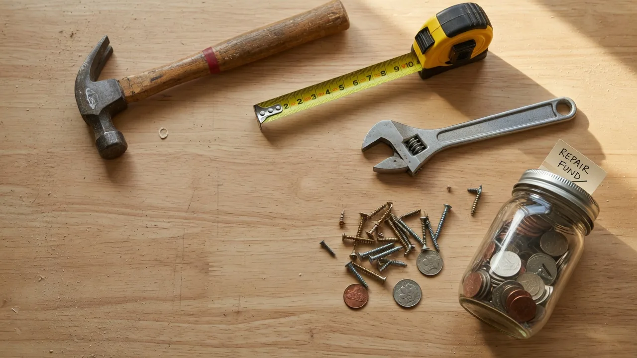 Home repair tools arranged on a wooden workbench with a savings jar of coins, soft afternoon light