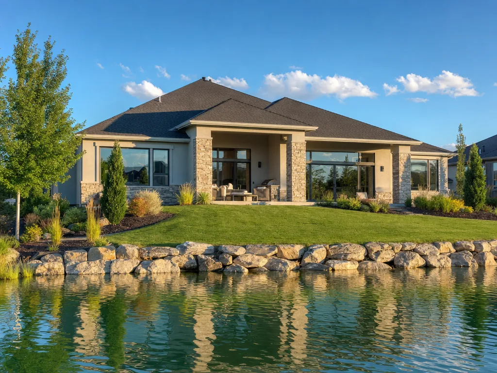 Newer homes around a community lake in Legacy, Eagle