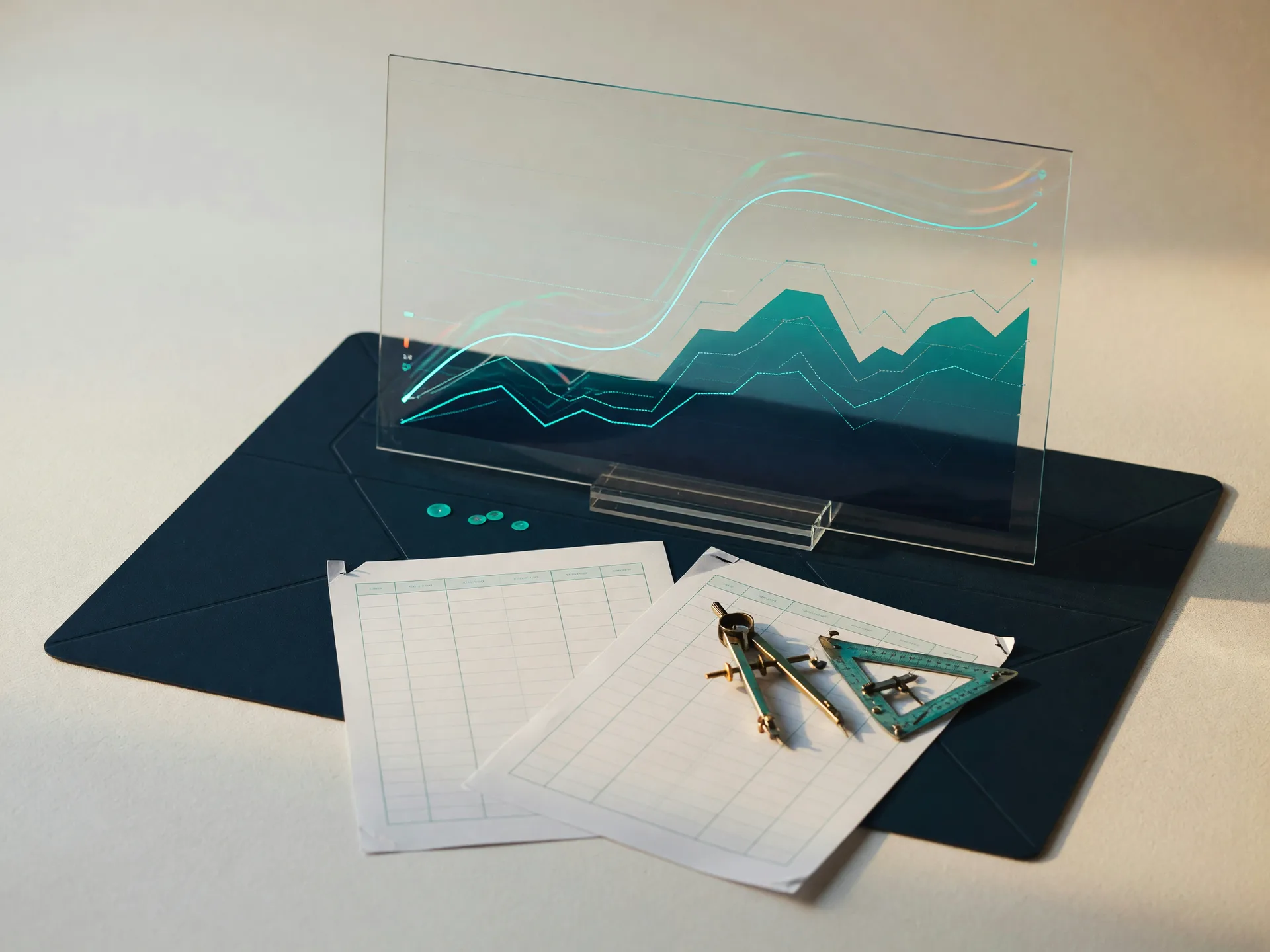 Elegant editorial still life of analytics displays and report sheets in deep navy and Alliance teal representing business intelligence