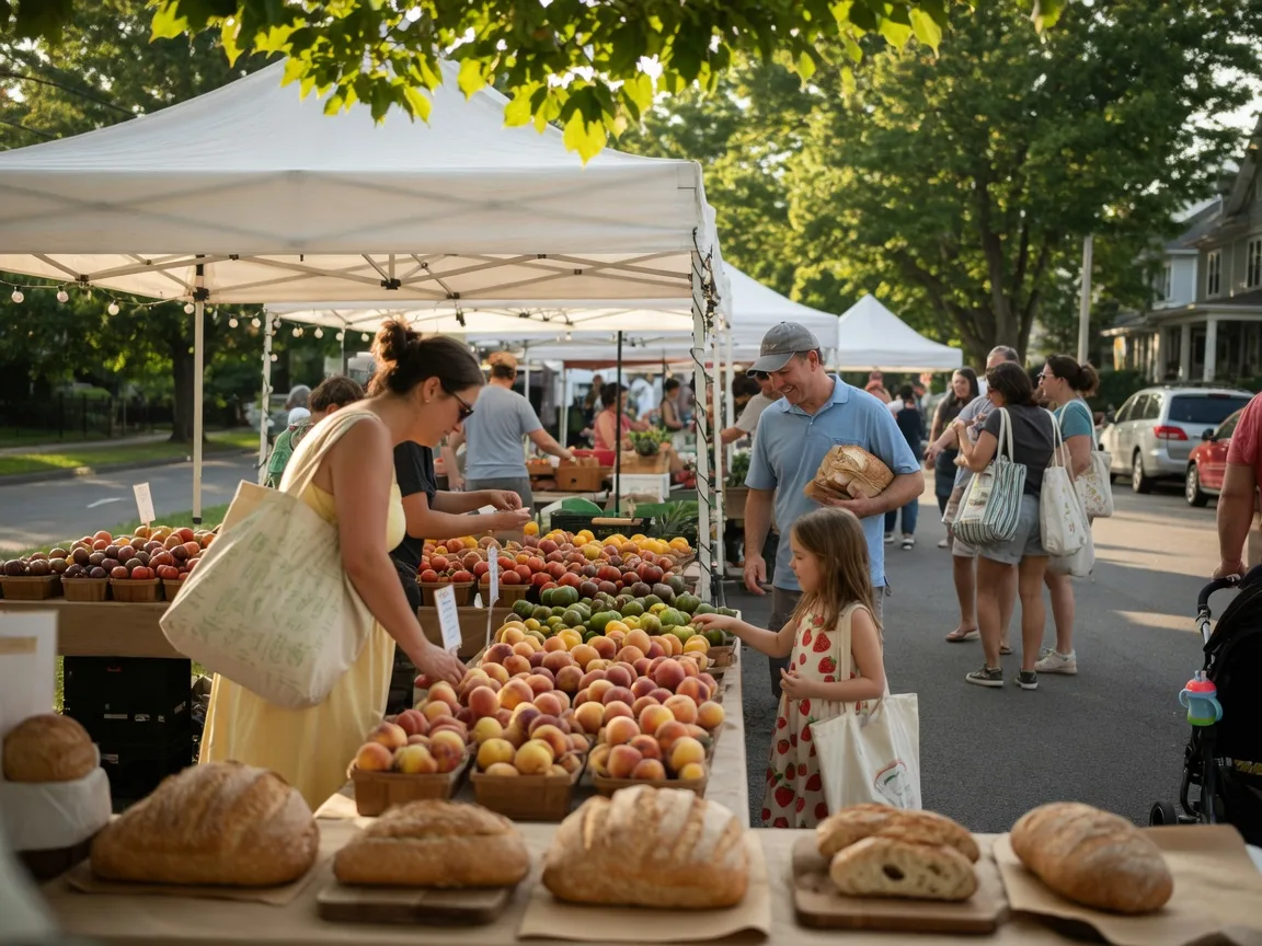 Bright summer morning at the Glenside Farmers Market with white canopy tents, fresh produce on wooden tables, and families with canvas tote bags browsing under tree shade