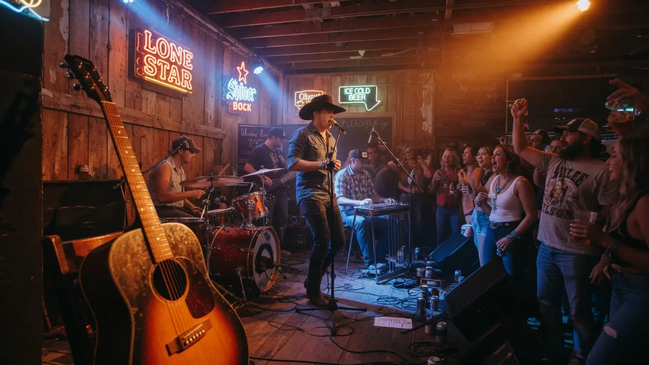 Intimate live concert at a rustic Texas music venue with warm stage lighting and an acoustic performance