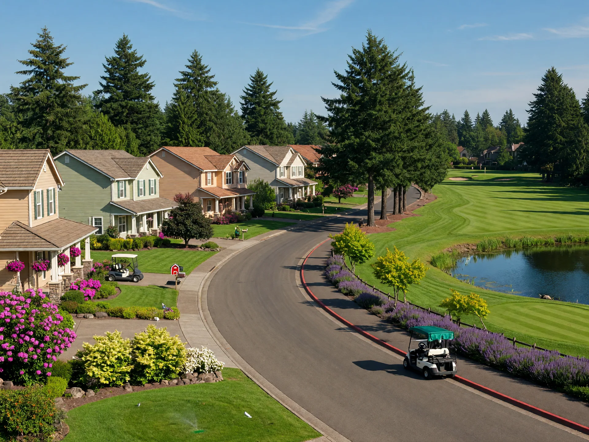 Tree-lined residential street in the Summerfield 55+ golf community in Tigard, Oregon with well-maintained homes and a manicured golf course fairway