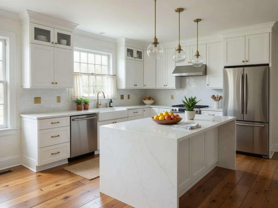 A bright, freshly renovated kitchen with white cabinets, a quartz island, and stainless steel appliances