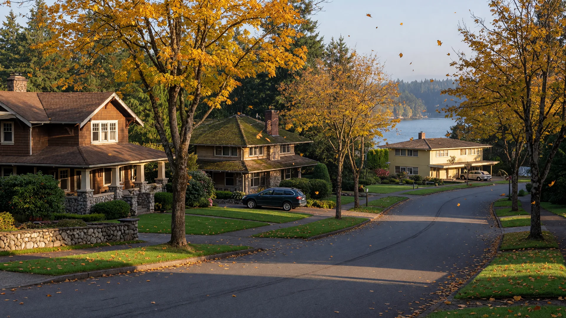 A quiet upscale Lake Oswego residential street in early autumn with golden maples and warm morning light