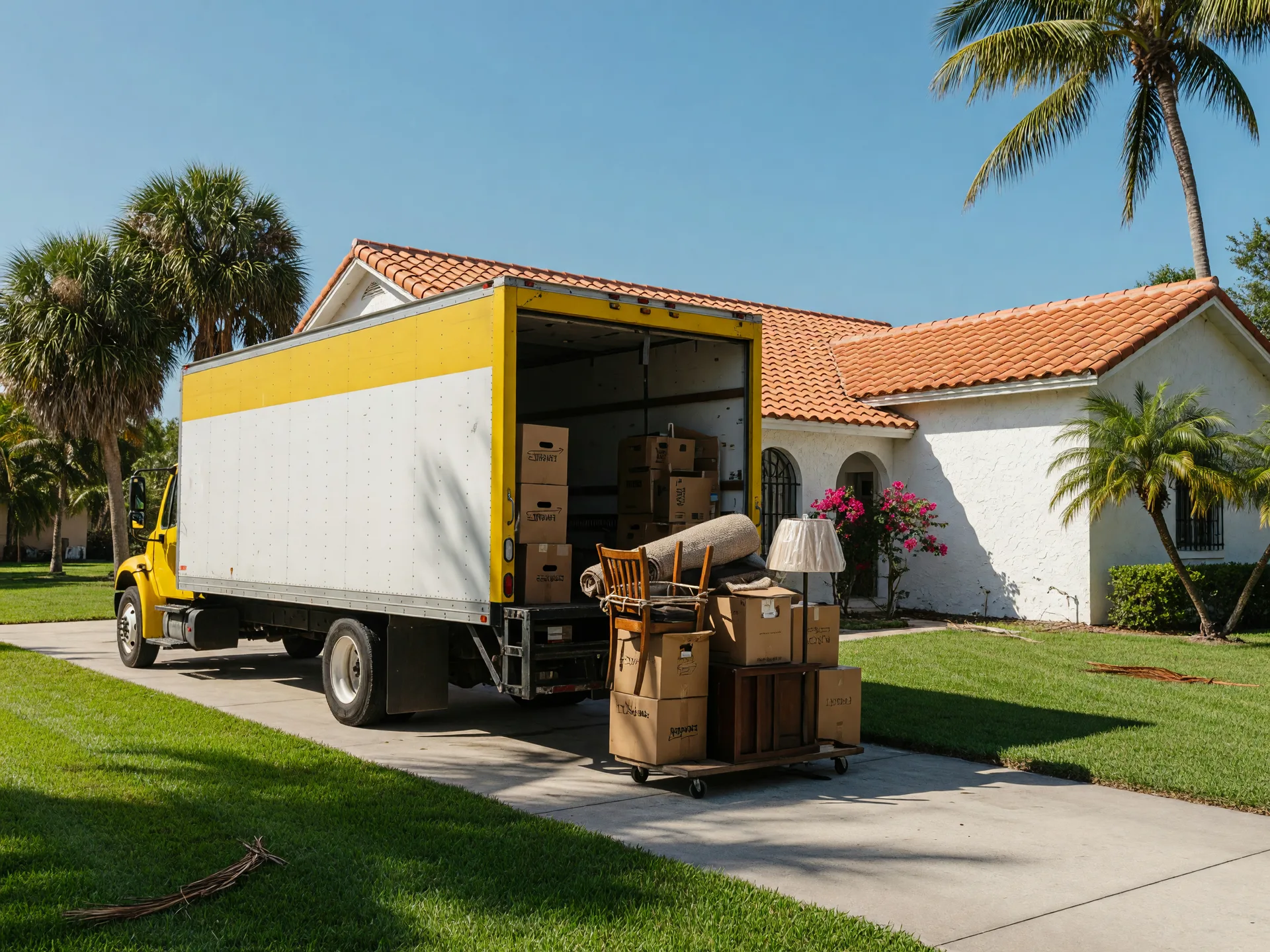 Moving truck and boxes outside a sunny Florida home