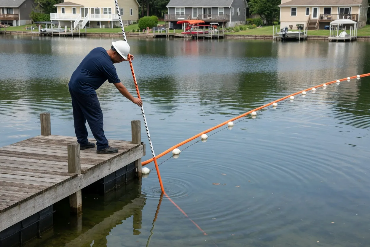 A crew measuring water depth at a South Florida dock during a site assessment