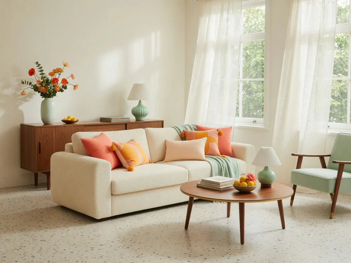 Bright retro-modern living room in a Phoenix-area home, cream walls with coral and citrus accents