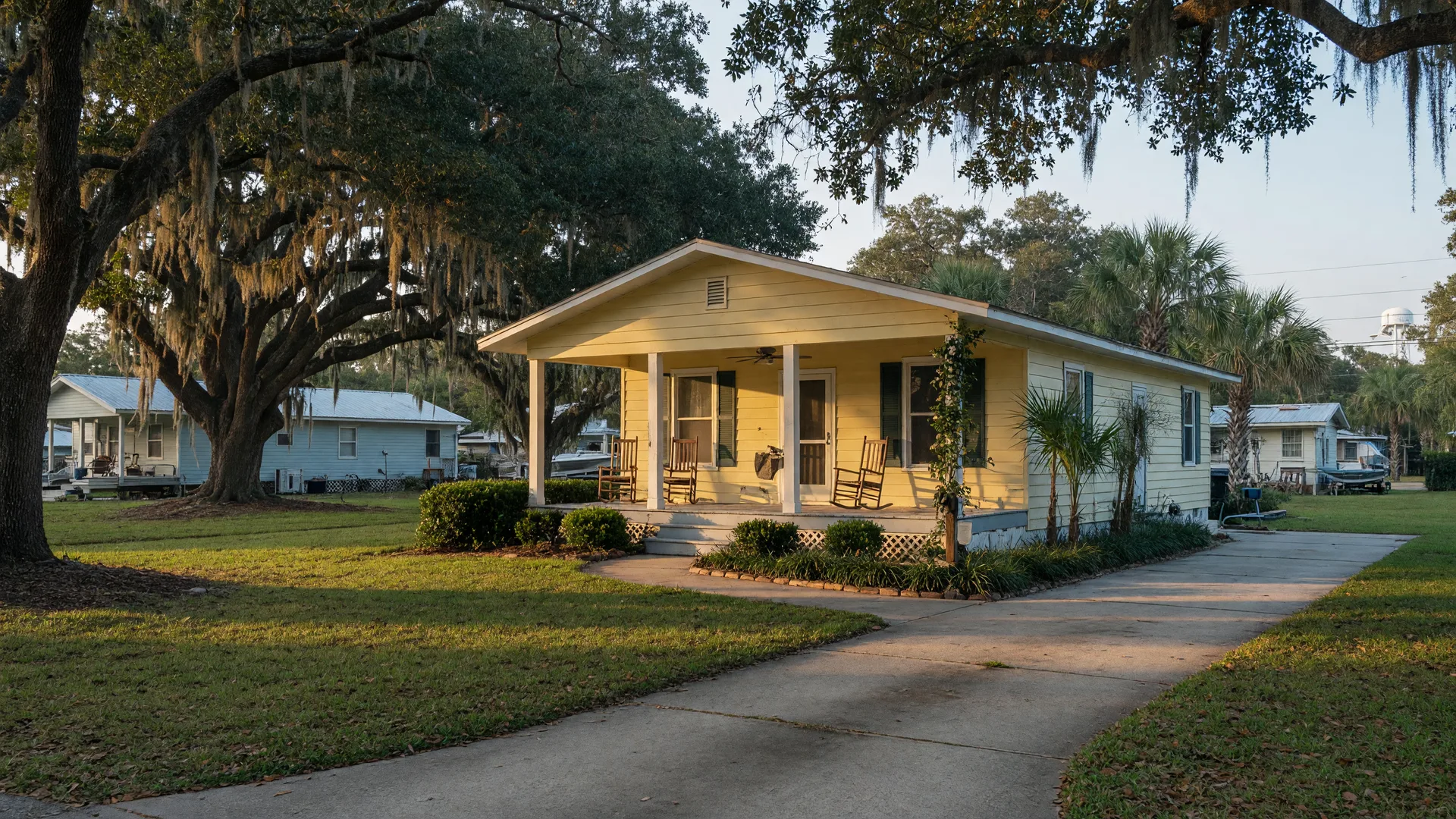 Quiet single-story cottage with a wide front porch in an inland Baldwin County neighborhood near Orange Beach, with live oaks and palms in soft morning light