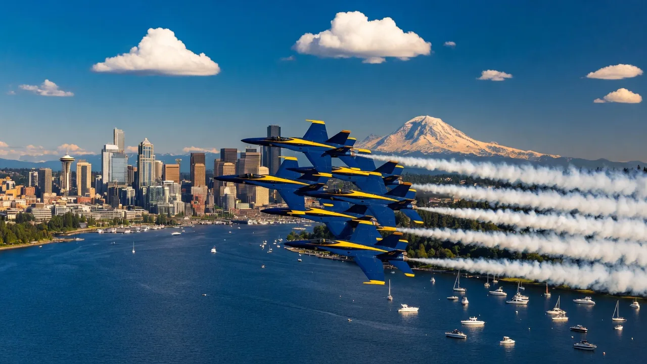 Blue Angels jets flying in diamond formation over Lake Washington with the Seattle skyline in the distance