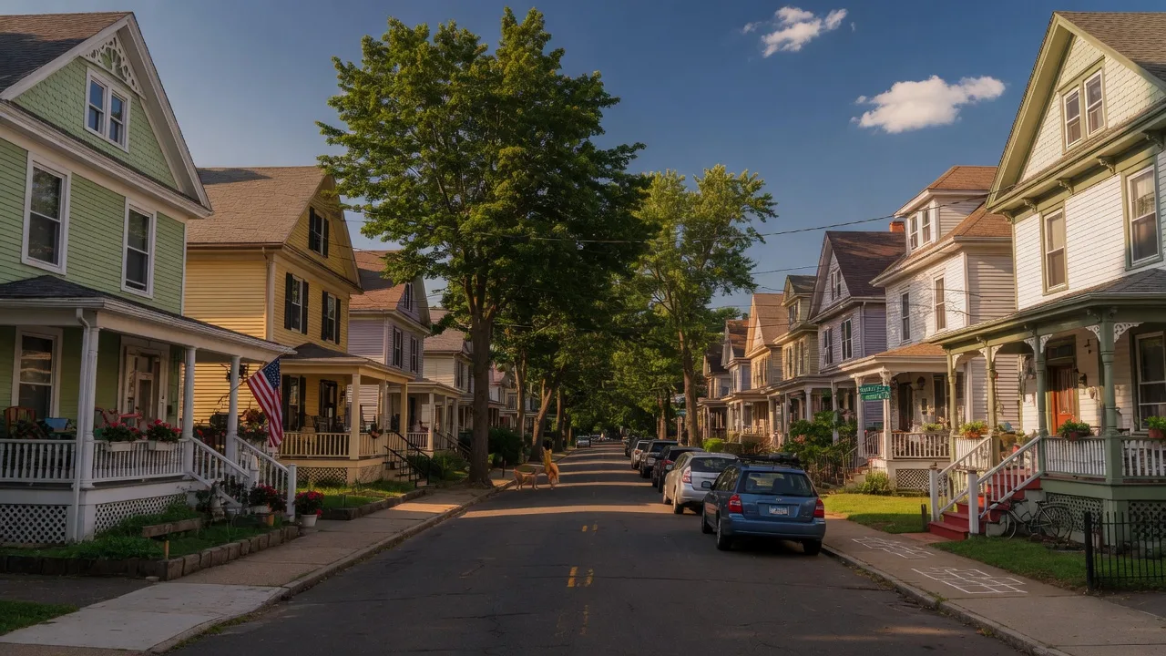 Tree-lined residential street in New Haven, Connecticut with classic homes on a warm summer afternoon