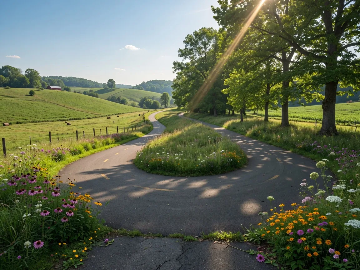 Scenic view of the Little Miami Scenic Trail near Waynesville, Ohio with a paved bike path winding through green hills