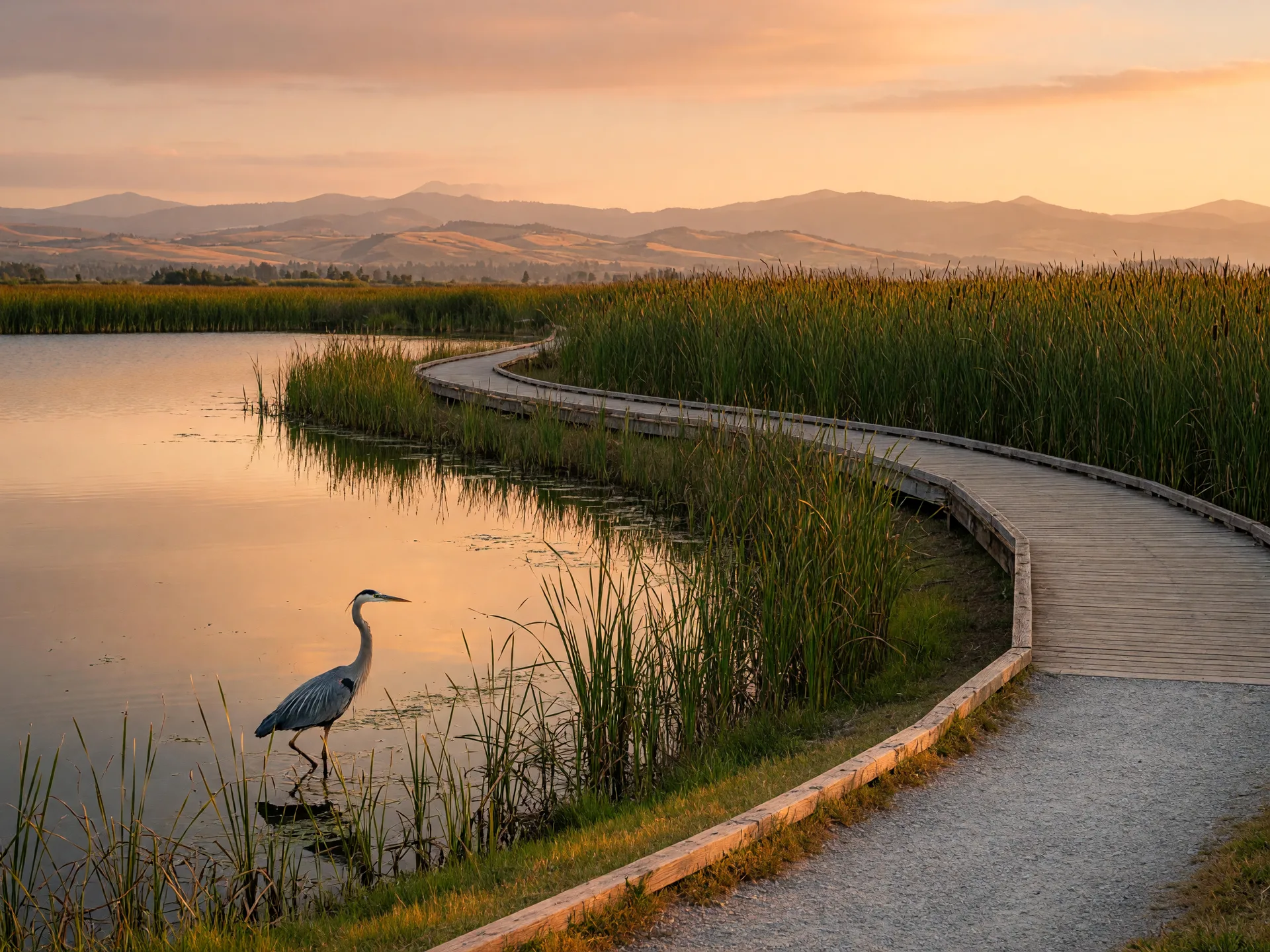 A wooden boardwalk and gravel path along the calm lake at Fernhill Wetlands at golden hour, with cattails and a great blue heron wading in the shallows