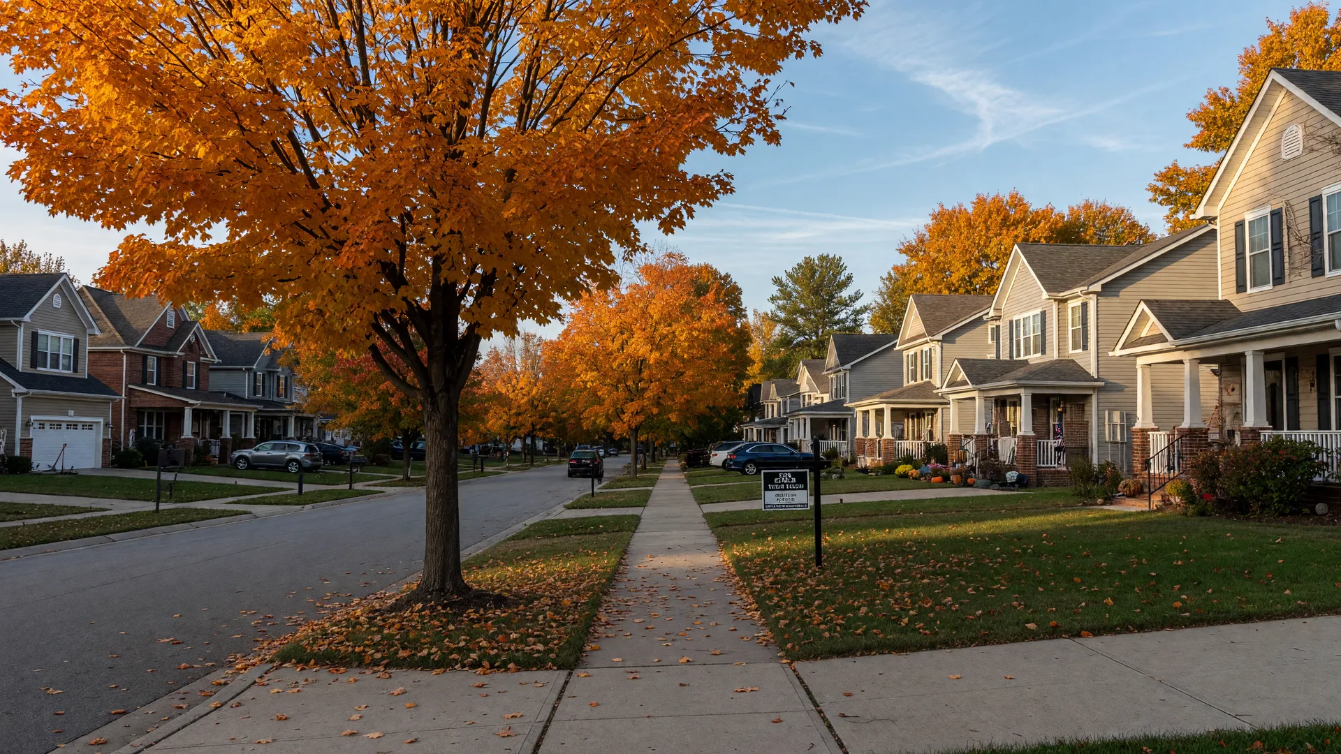 A tree-lined residential street in a central Indiana suburb on a crisp mid-October afternoon, mature maples showing orange and gold fall color with a For Sale sign visible in one front yard
