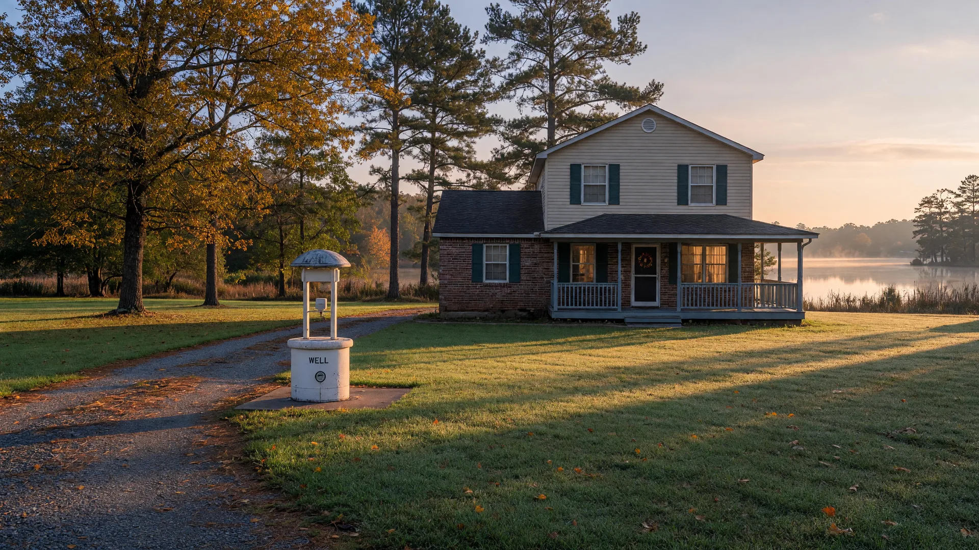 Single-family home on a large grassy lot near Lake Norman with a white private well head beside the driveway in early morning light