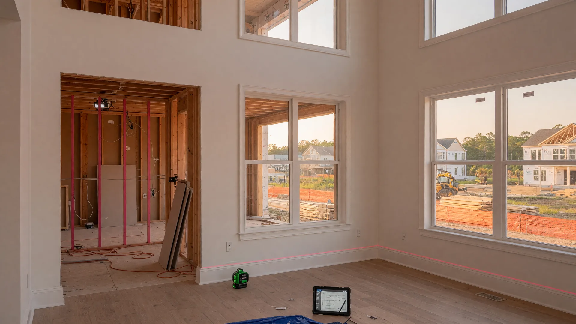 A finished great room inside a new two-story home under construction, with tall ceilings, fresh white trim, and open framing visible through a doorway