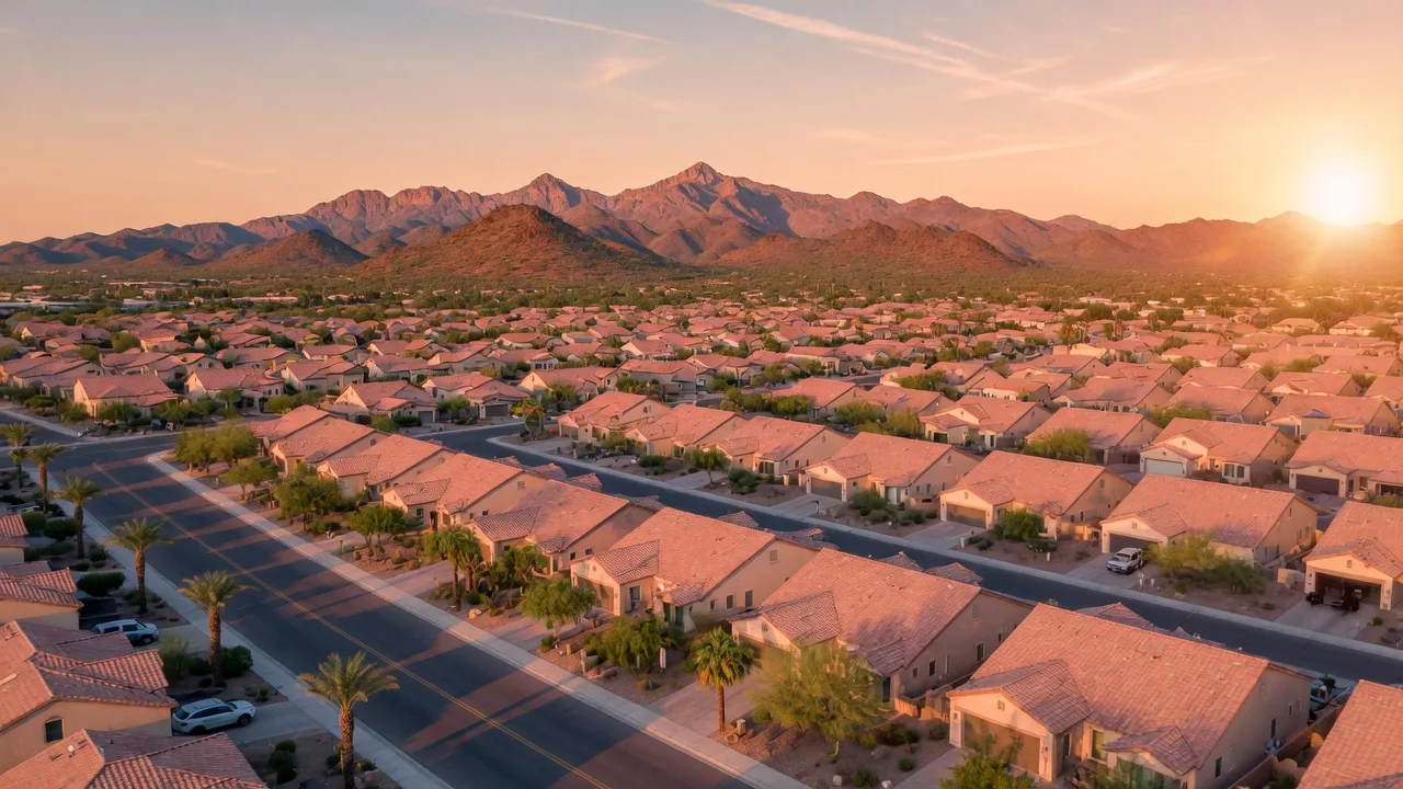 Golden hour view of Surprise, Arizona, with master-planned neighborhoods stretching toward the White Tank Mountains