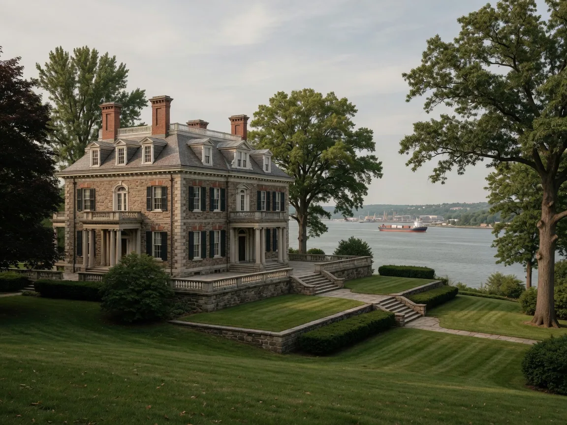A grand historic riverside estate mansion on a bluff overlooking the Delaware River in the Torresdale neighborhood of Northeast Philadelphia