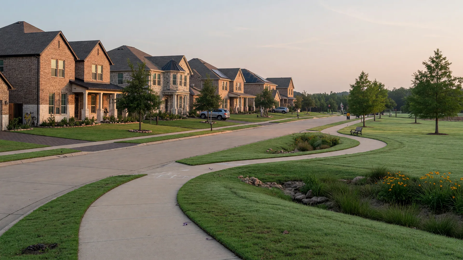 An illustrative view of a quiet tree-lined street in a newer Texas master-planned community in soft morning light