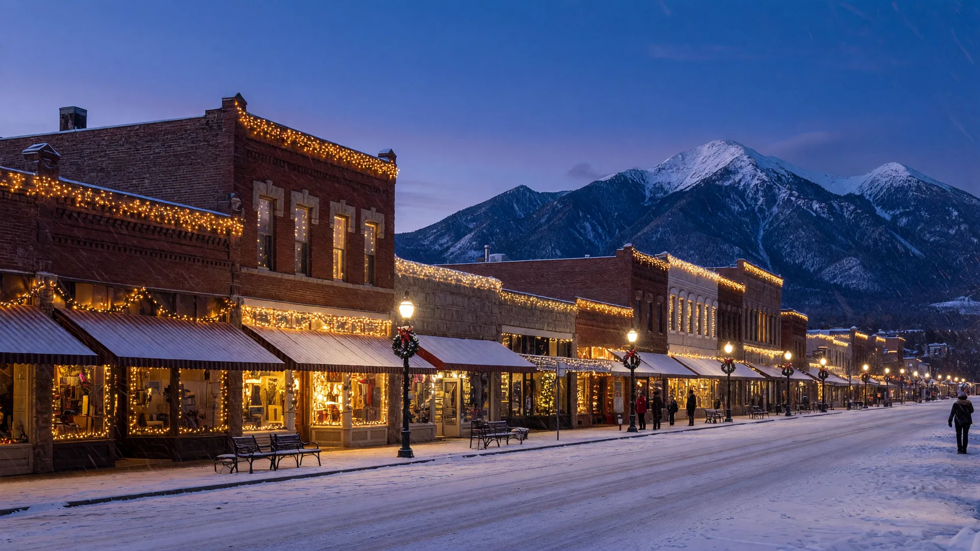 Snow-dusted historic downtown Flagstaff glowing with holiday lights at blue hour, the San Francisco Peaks rising beyond