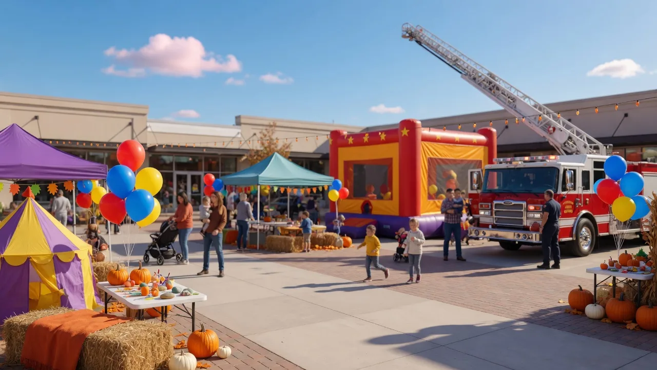 A bright community kids festival in an open-air shopping plaza with activity tents, a colorful bounce house, a fire truck on display, and balloons on a sunny morning