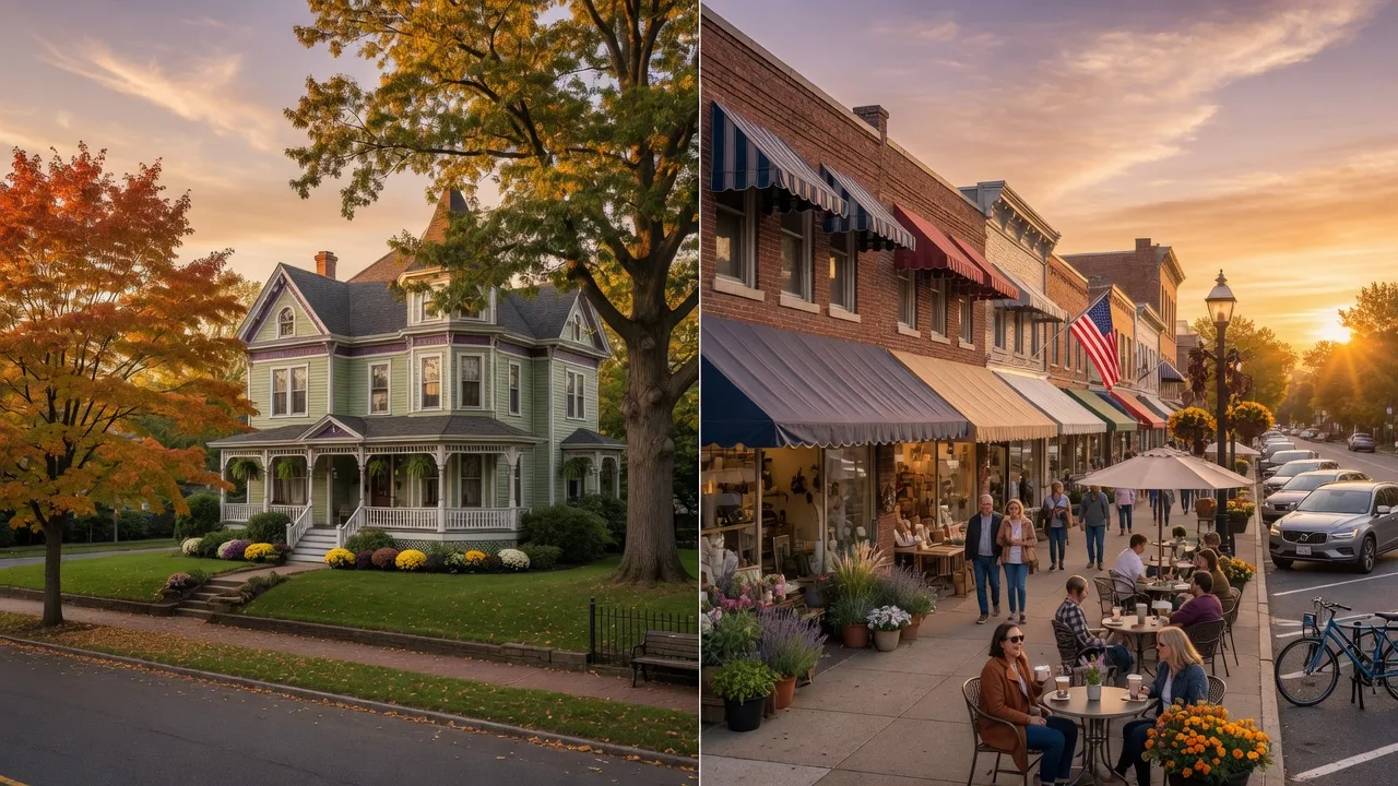 Moorestown NJ split view showing a beautiful historic Victorian home and the charming downtown Main Street