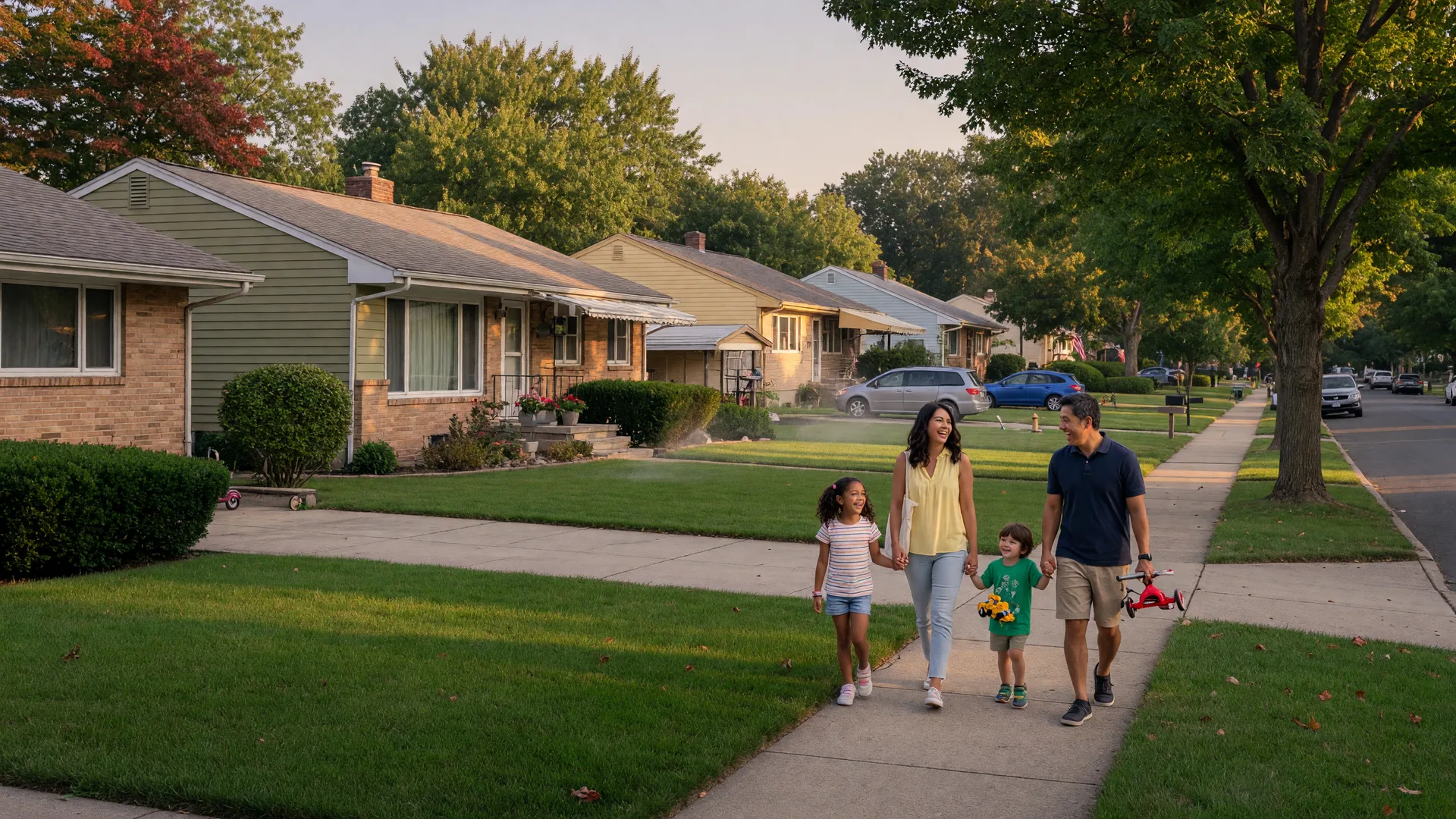 Peaceful suburban street in Mount Laurel NJ with mid-century homes, mature trees, and a family walking on a sunny afternoon