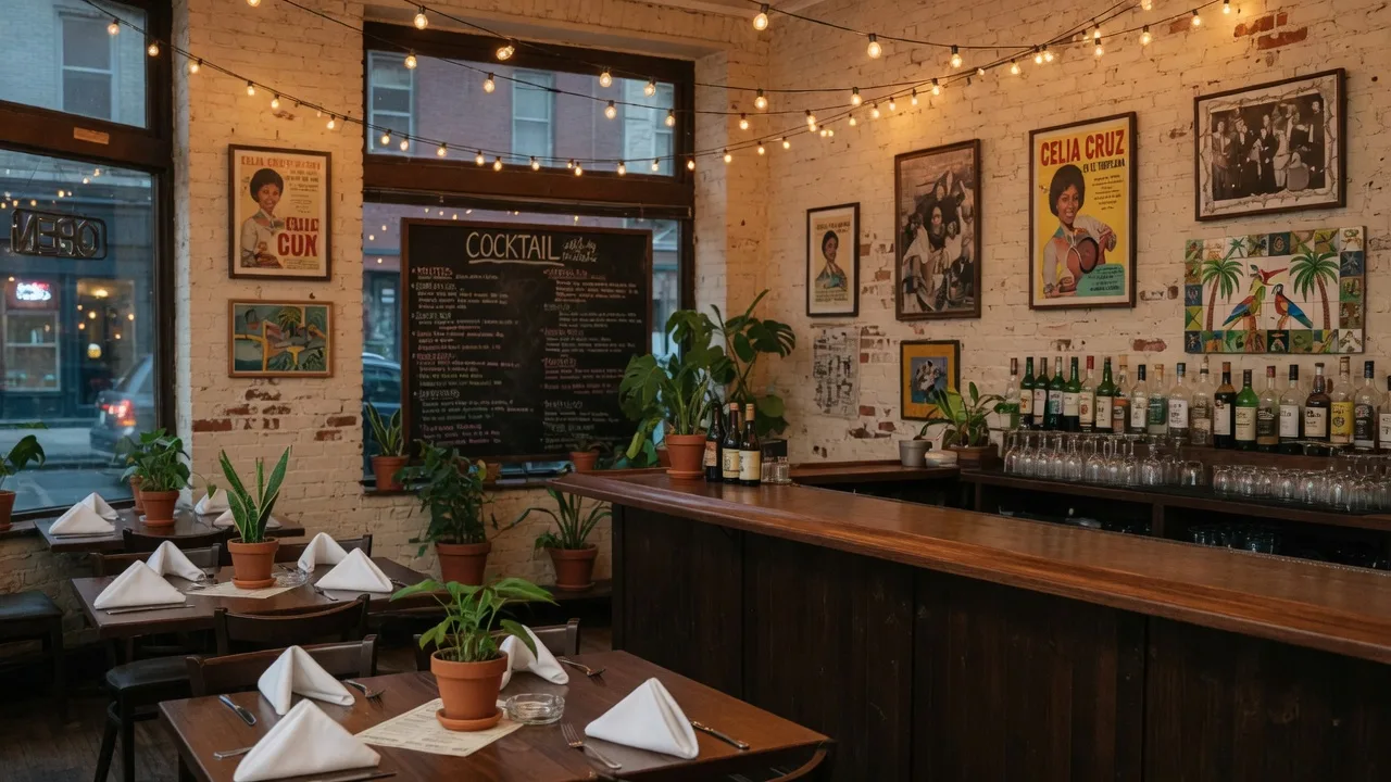 The warm interior of a newly opened Cuban restaurant and lounge in a downtown New Jersey building, with string lights over a long wooden bar, cream-painted brick, tropical plants, and dark wood tables in early-evening light