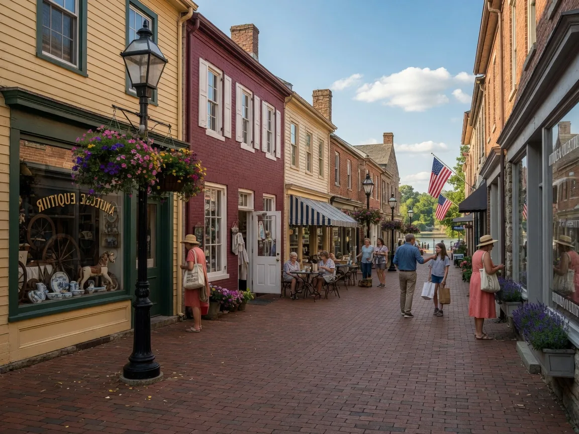 Charming brick-paved Mill Street in Occoquan, Virginia with boutique shops, cafes, and hanging flower baskets on a sunny afternoon